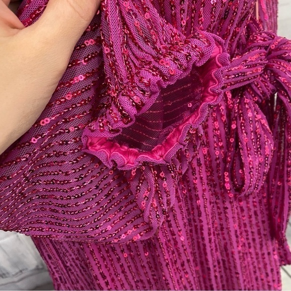 LDT Size 6 Pink Sequined Long Sleeve Short Dress Belted Pockets Cocktail A-Line - Picture 9 of 16